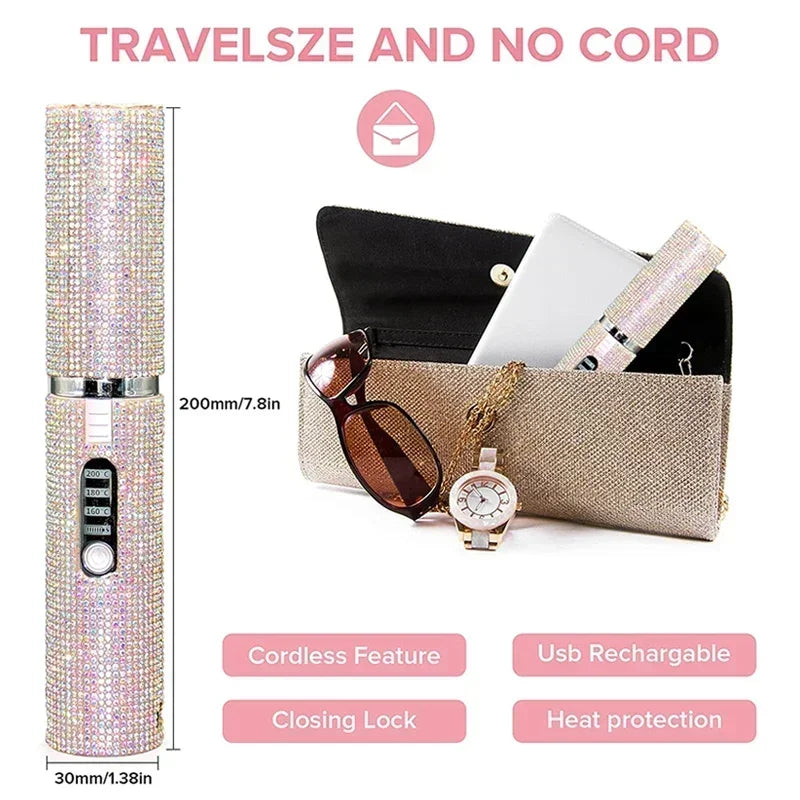 "2-in-1 Wireless USB Hair Straightener & Curler with Diamond Design – Perfect for Travel"