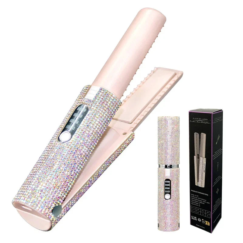 "2-in-1 Wireless USB Hair Straightener & Curler with Diamond Design – Perfect for Travel"